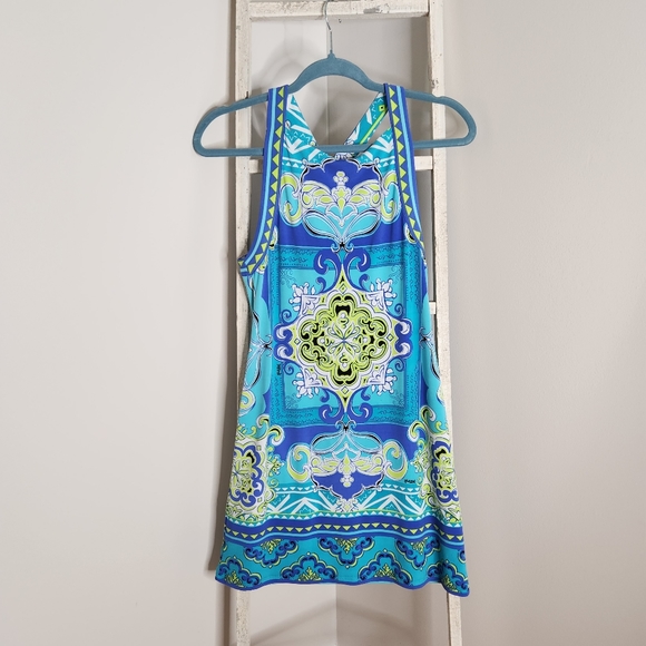 Hale Bob Dresses & Skirts - HaleBob dress womens size XS printed cross neckline mini dress blue green white